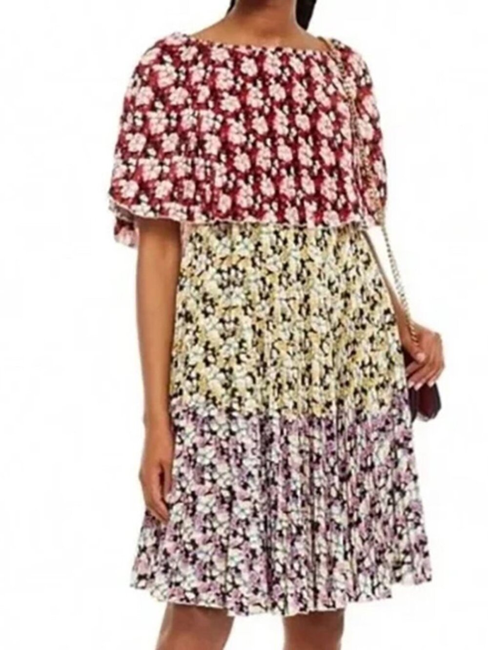 Valentino Colorblock Floral Pleated Dress Red Yellow Purple Cape Capelet S